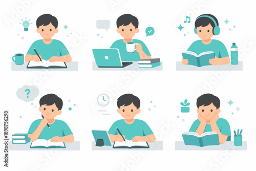 Student studying and learning at home flat illustration set for education, homework and online study