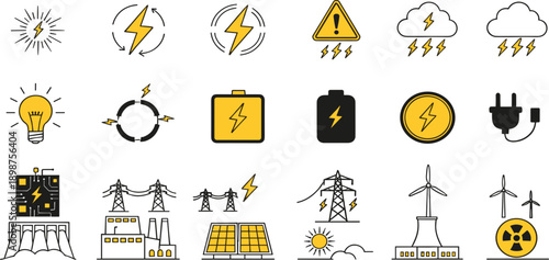 Electric Power and Energy Icon Set with Lightning, Batteries, Renewable Sources, Warning Symbols, and Industrial Electricity Infrastructure for Web and App Design