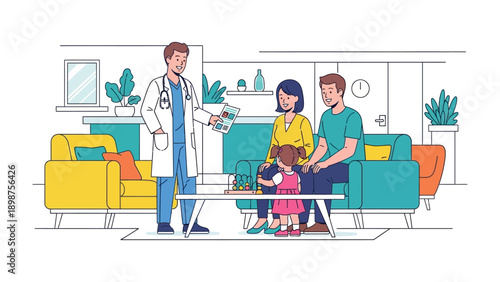 Consultation with the Caregiver: A doctor in his clinical attire stands ready to provide professional insights and expert advice to a family, symbolizing the essential role of healthcare