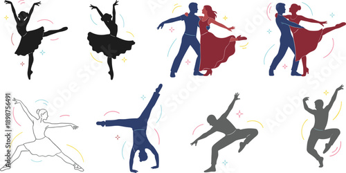 Flat vector silhouettes of diverse dancers performing ballet ballroom and contemporary dance with minimalist expressive colorful motion accents.