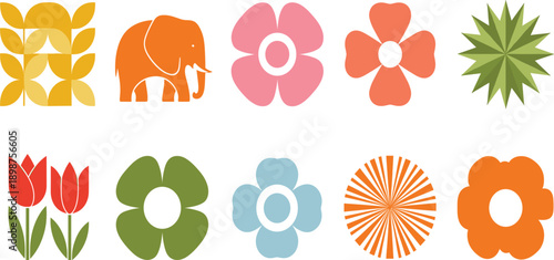 Mid Century Modern Icon Set with Abstract Flowers, Decorative Shapes, Nature Elements, and Elephant Illustration in Colorful Flat Vector Style