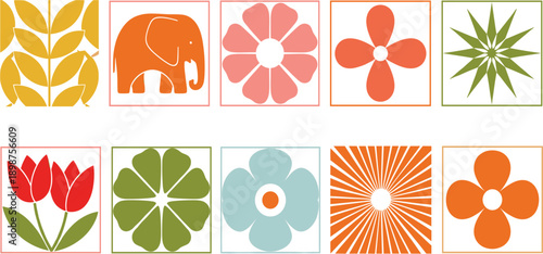 Mid Century Modern Icon Grid with Abstract Floral Tiles, Nature Motifs, and Elephant Illustration in Colorful Flat Vector Design