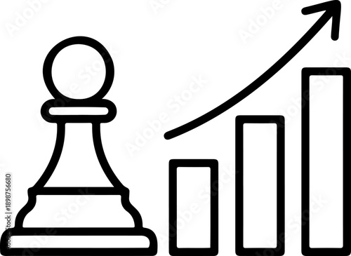 Business Strategy and Growth Icon with Chess Pawn and Rising Bar Graph Chart Line Art Illustration on White Background
