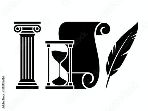 Ancient history icon set. Includes column, hourglass, scroll, feather. Created in black and white vector style.