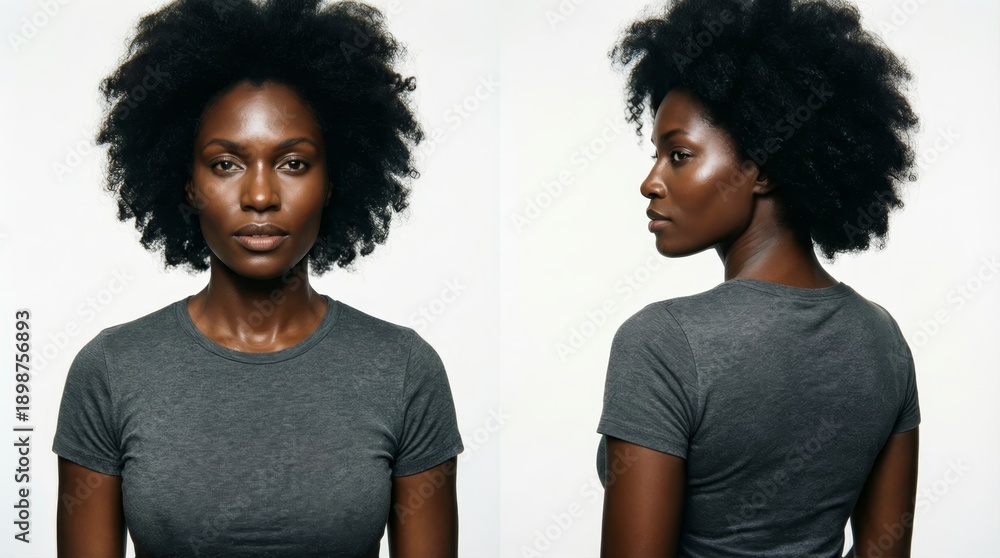 Fototapeta premium Woman in graphite Tshirt in front and side views