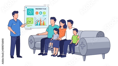 Medical Consultation: A healthcare professional presents a treatment plan to a family, emphasizing patient-centered care and well-being. 