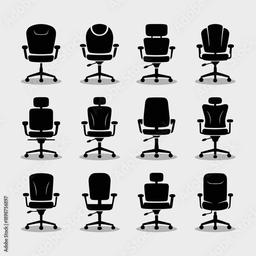 Arrangement of twelve identical black office chairs in a grid pattern on a light background isolated on white background, Vector, illustration