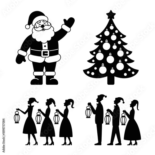 Holiday scene featuring a cheerful santa, christmas tree, and festive family figures isolated on white background, Vector, illustration