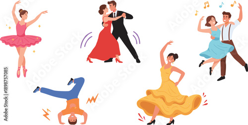 Flat vector illustrations of diverse dancers performing classical ballet ballroom tango hip-hop and flamenco dance in expressive poses.