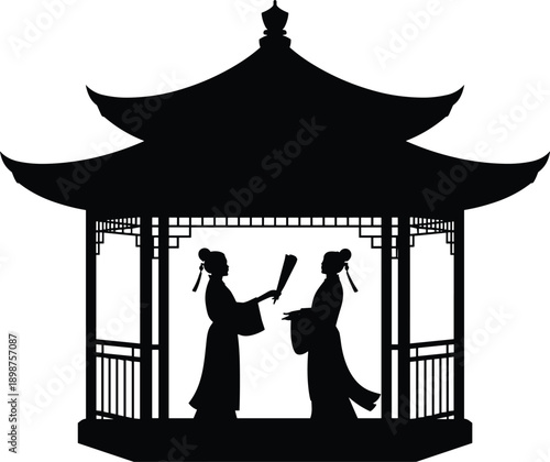 Japanese pavilion silhouette illustration, traditional pagoda gazebo with kimono women holding fans, classic Asian culture, heritage architecture scene isolated on white