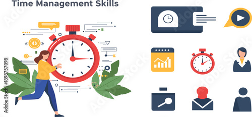 Time Management Skills Illustration with Stopwatch, Productivity Icons, Task Planning, Performance Tracking, Deadline Control, and Work Efficiency Concepts for Business and Personal Development