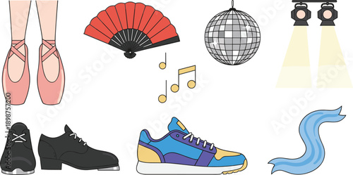 Flat vector icons of ballet pointe shoes tap shoes sneakers a hand fan disco ball and stage spotlights.
