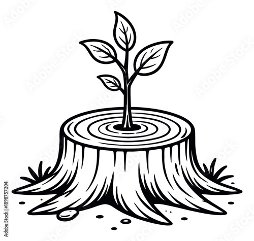 Hand drawn line art illustration of a seedling growing from a tree stump depicting new life and regeneration for environmental concepts