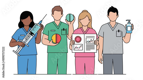 Healthcare Heroes: Medical professionals, each holding essential tools and instruments, stand united, showcasing the dedication of caregivers, providing care and compassion.