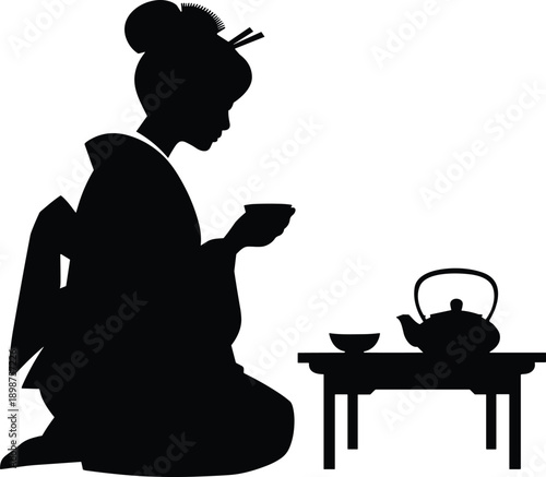 Japanese tea ceremony silhouette illustration, traditional kimono woman kneeling with teacup and teapot, classic Asian culture, ritual and heritage scene isolated