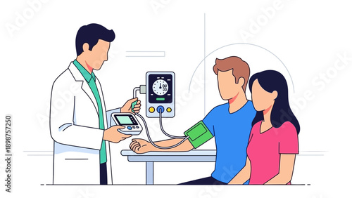 Health Checkup: A medical professional conducts a blood pressure check on a patient in a sterile environment, providing vital health monitoring and care.