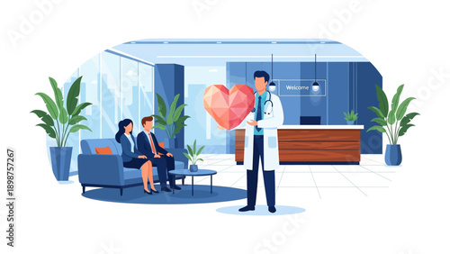 Health and Care: A doctor extends a geometric heart, a symbol of hope and care for patient. A couple watches attentively in medical environment. Reflecting care and dedication to health.