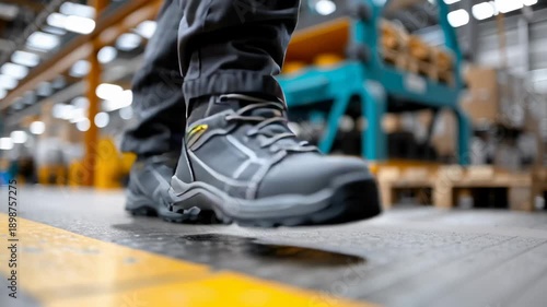 Industrial worker wearing protective safety boots standing in factory
