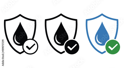 Set of three shield icons featuring water drops and check marks, representing waterproof protection, approved safety, and secure products, vector illustration for digital, print, and branding designs.