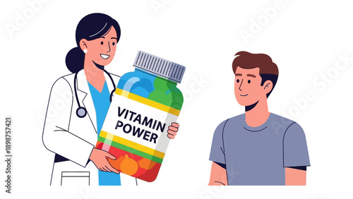 Health Consultation: A medical professional advises a patient, highlighting a nutritional supplement as part of a wellness plan. 