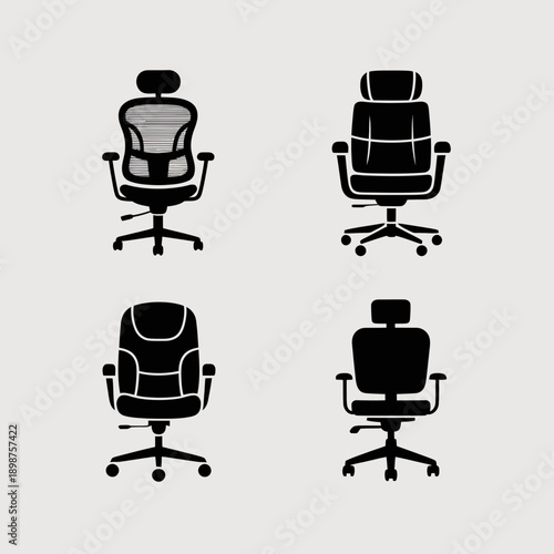 Four modern office chairs in black silhouette design with varying armrest styles isolated on white background, Vector, illustration