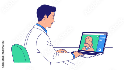 Telemedicine Consultation: A physician provides remote medical care, consulting with a patient via laptop, symbolizing modern healthcare practices and technology.