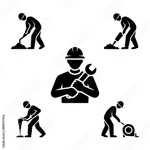 Illustrations of construction workers performing various tasks on a worksite isolated on white background, Vector, illustration