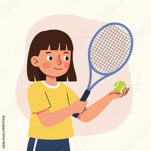 Flat design of girl with brown hair wearing yellow shirt smiling while holding tennis racket and ball at low angle