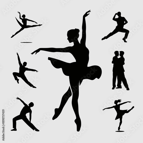 Graceful ballet dancers in dynamic poses captured in silhouette art style isolated on white background, Vector, illustration