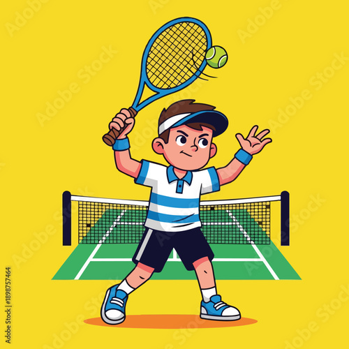 Cartoon style boy serving tennis ball with racket on court vector illustration colorful sporty character with visor and wristbands