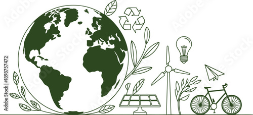 Vector Illustration of Green Earth Globe with Renewable Energy and Ecology Icons