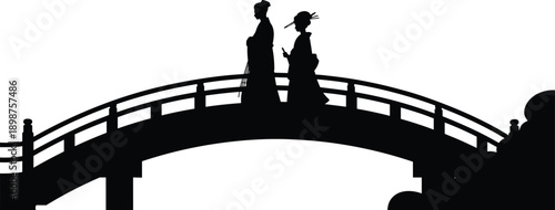 Japanese women silhouette on arched bridge illustration, traditional kimono figures walking together, classic Asian culture, heritage and historical lifestyle scene isolated