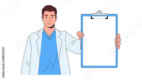 Medical Professional with Clipboard: A friendly doctor, dressed in professional attire, presents an empty clipboard, inviting engagement with healthcare information and possibilities. 