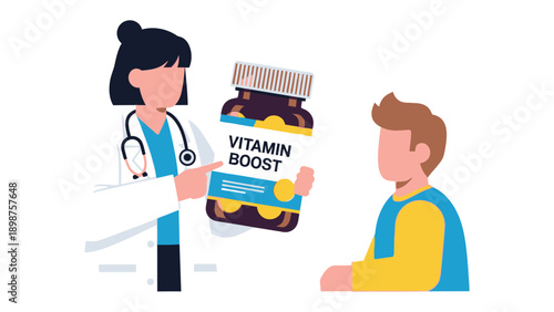 Vitamin Boost Consultation: A caring doctor explains and recommends a supplement to a patient, symbolizing the importance of health and wellness