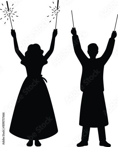 Man and woman holding sparklers silhouette illustration, joyful festival celebration with fireworks lights, party event, happiness and festive night concept isolated