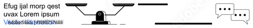 Justice system, communication, legal consultation, decision making, debates, equality. Balanced scale and speech bubbles in minimal style. Justice system and communication concepts