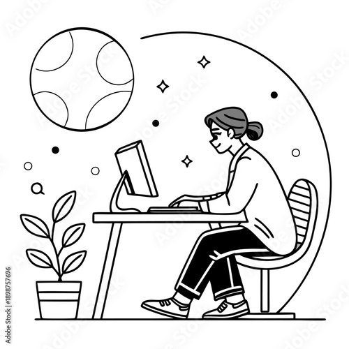 Person Working on Laptop Desk Line Art