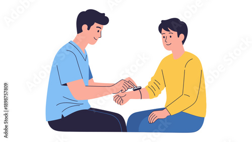 Examining Watch: In a moment of focused attention, one person helps another to wear watch, highlighting interaction, health and precision.