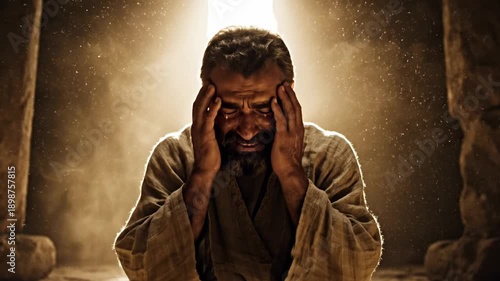 A contemplative figure stands in a dimly lit, dusty chamber, hands on temples, exuding a sense of profound sorrow and introspection