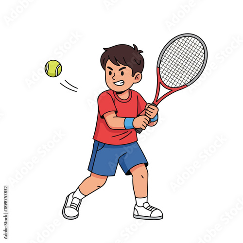 Colorful illustration of young boy preparing backhand tennis stroke with racket and ball flying from left side