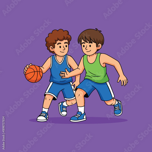 Colorful vector art of two boys playing basketball with ball close up smiling in sporty outfits purple background