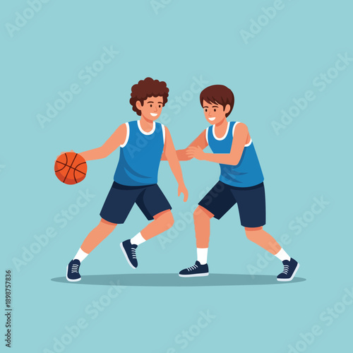Flat design basketball players dribbling and defending on court in blue jerseys with white socks and sneakers sports action vector