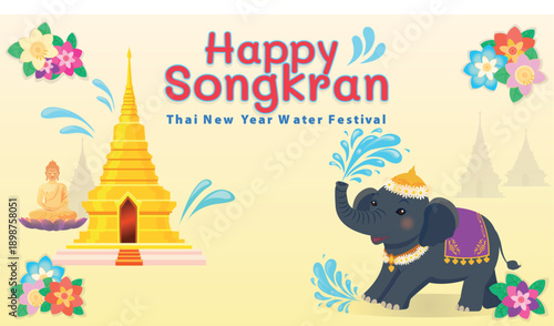 Happy Songkran Thai New Year Water Festival Banner with Elephant