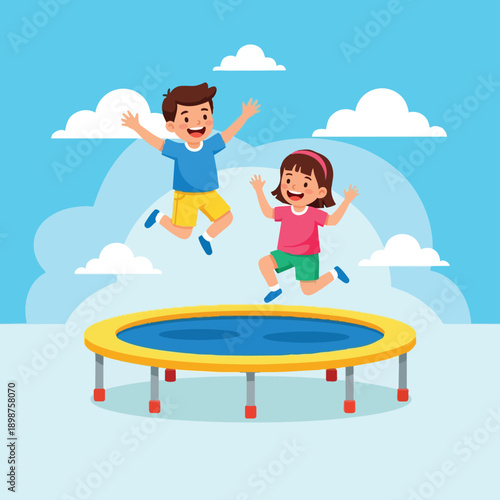 Colorful vector art of happy boy and girl jumping on yellow trampoline outdoors with blue sky and clouds