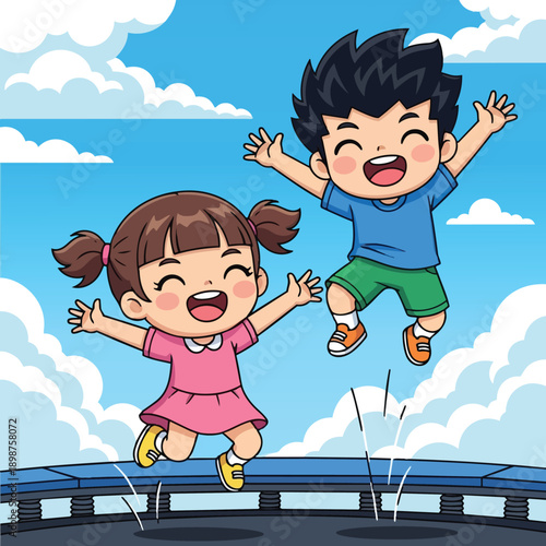 Colorful cartoon boy and girl jumping happily together on trampoline under bright blue sky with white clouds smiling joyfully outdoors