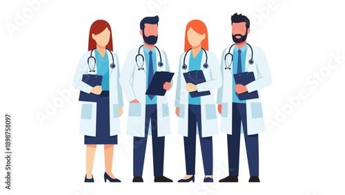Medical Professionals Unite: A dedicated assembly of medical doctors stands together, each with a stethoscope and medical chart, epitomizing the pillars of healthcare, compassion, and wellness.