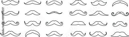Different mustache set. Hipster mustache collection. Mustaches. Black line of adult man mustaches. Symbol of Fathers day. Vector illustration