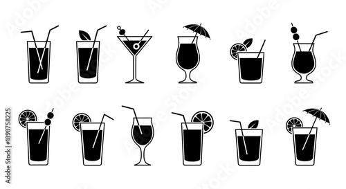 Cocktail Drink Icons Set – Alcoholic Beverage Glass Bar Silhouettes
