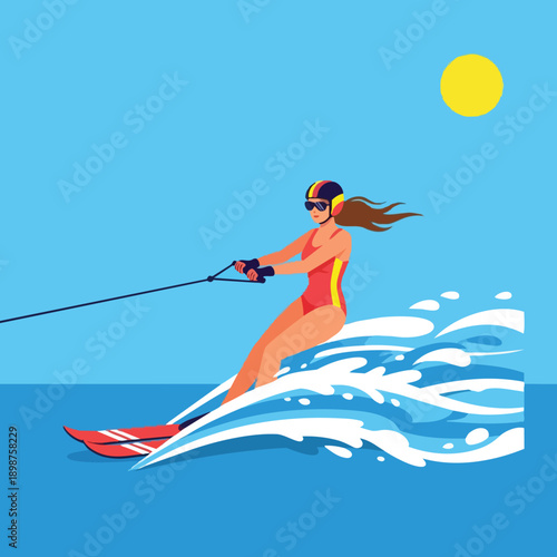Colorful vector art close up of woman waterskiing wearing red swimsuit and helmet under bright sun on water