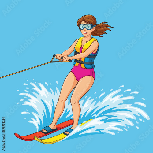 Colorful vector art of smiling woman water skiing in pink swimsuit and yellow life jacket splashing blue water in bright sunny day